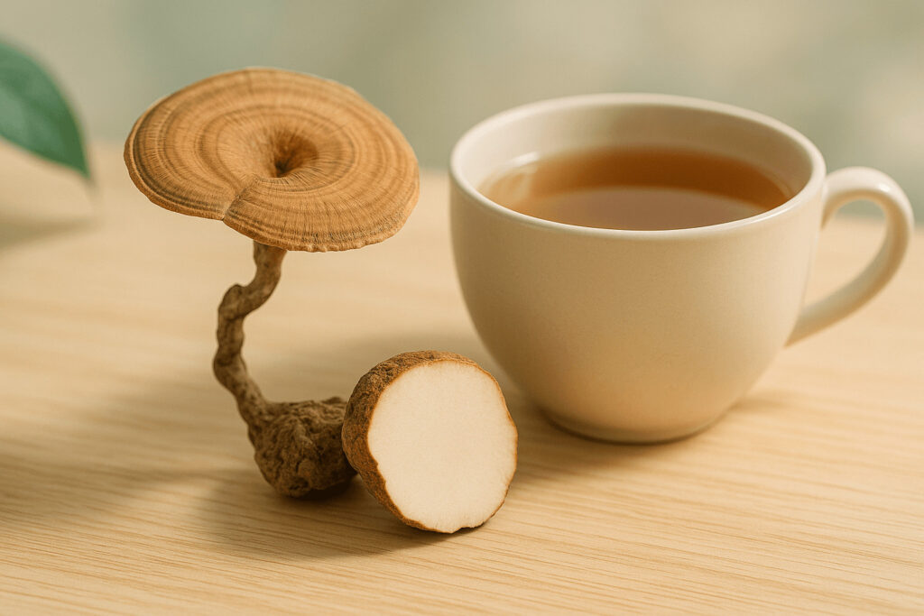 Champignon Lignosus rhinocerus et tasse d’infusion ambrée sur table en bois clair, ambiance naturelle et douce
