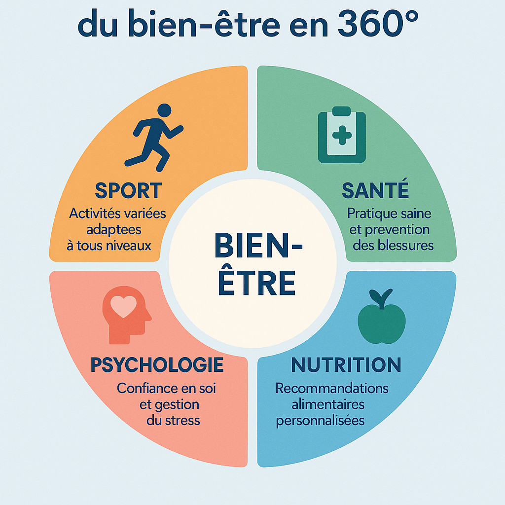 Infographie Sportrip illustrant les quatre piliers du bien-être : sport, santé, nutrition et psychologie