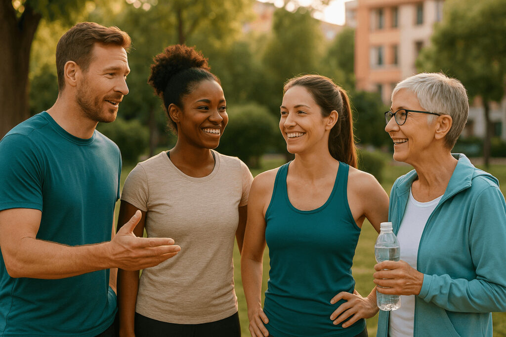 Communauté Sportrip partageant un moment convivial après une séance bien-être locale en plein air