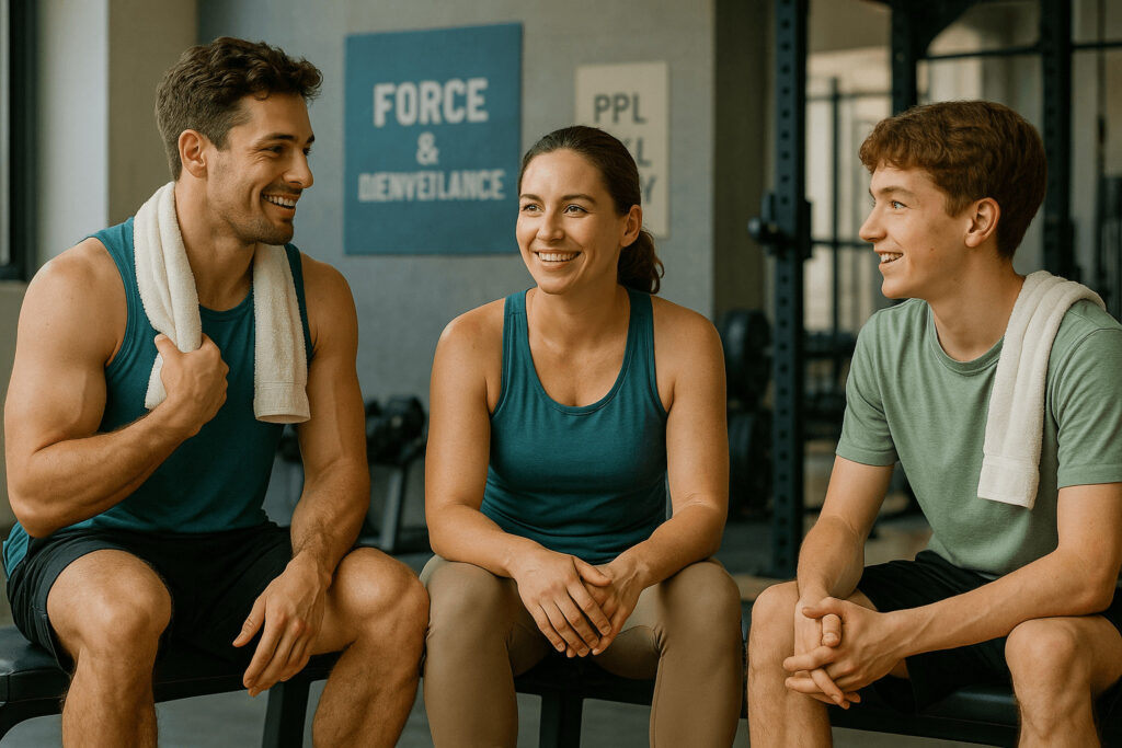 Membres de la communauté JVC Muscu partageant leurs conseils d’entraînement dans une salle de sport conviviale