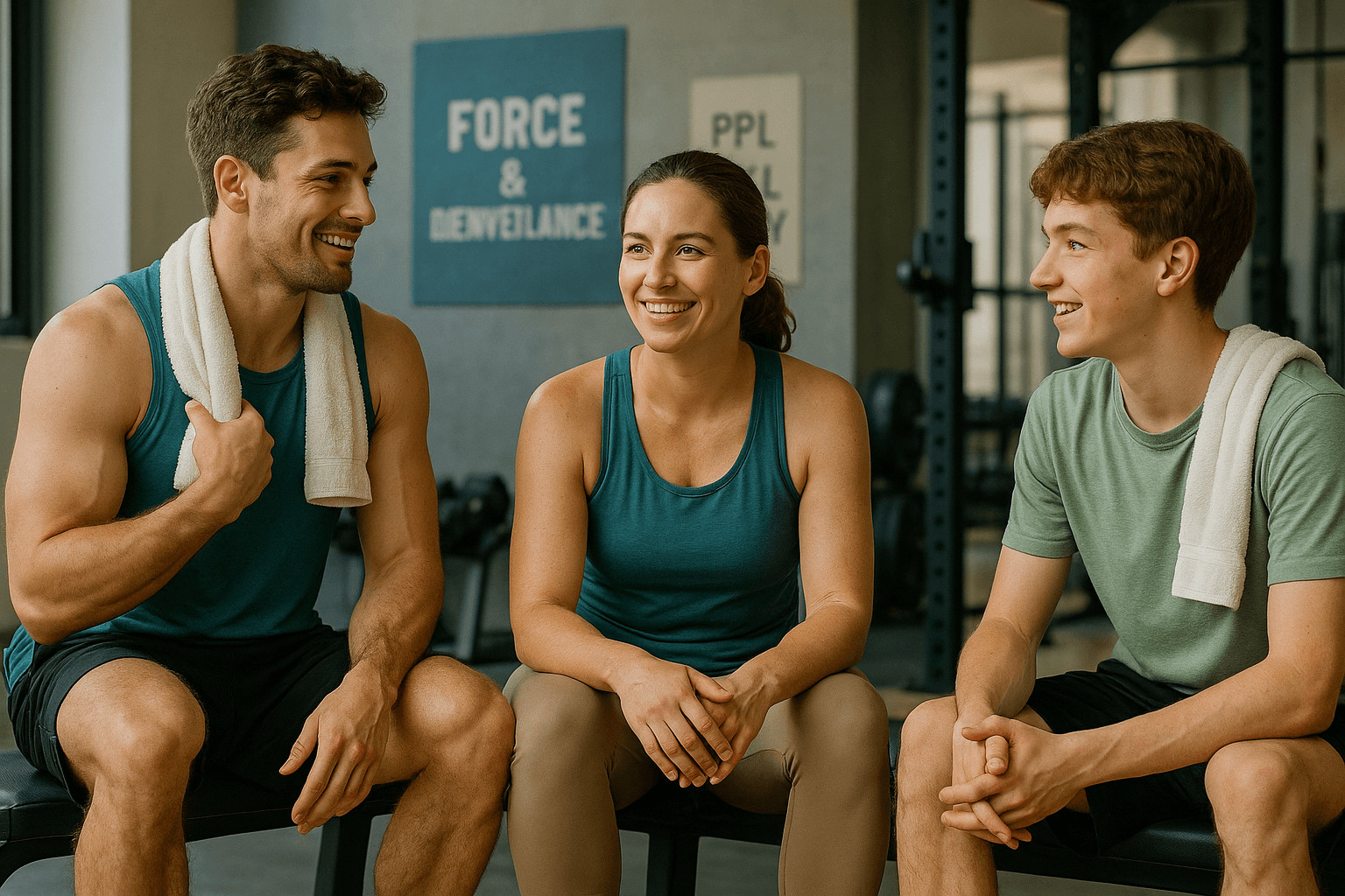 Membres de la communauté JVC Muscu partageant leurs conseils d’entraînement dans une salle de sport conviviale