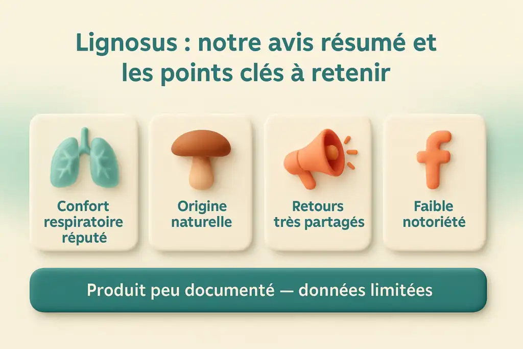 Infographie 3D résumant les points clés sur le Lignosus : confort respiratoire réputé, origine naturelle, retours partagés et faible notoriété.