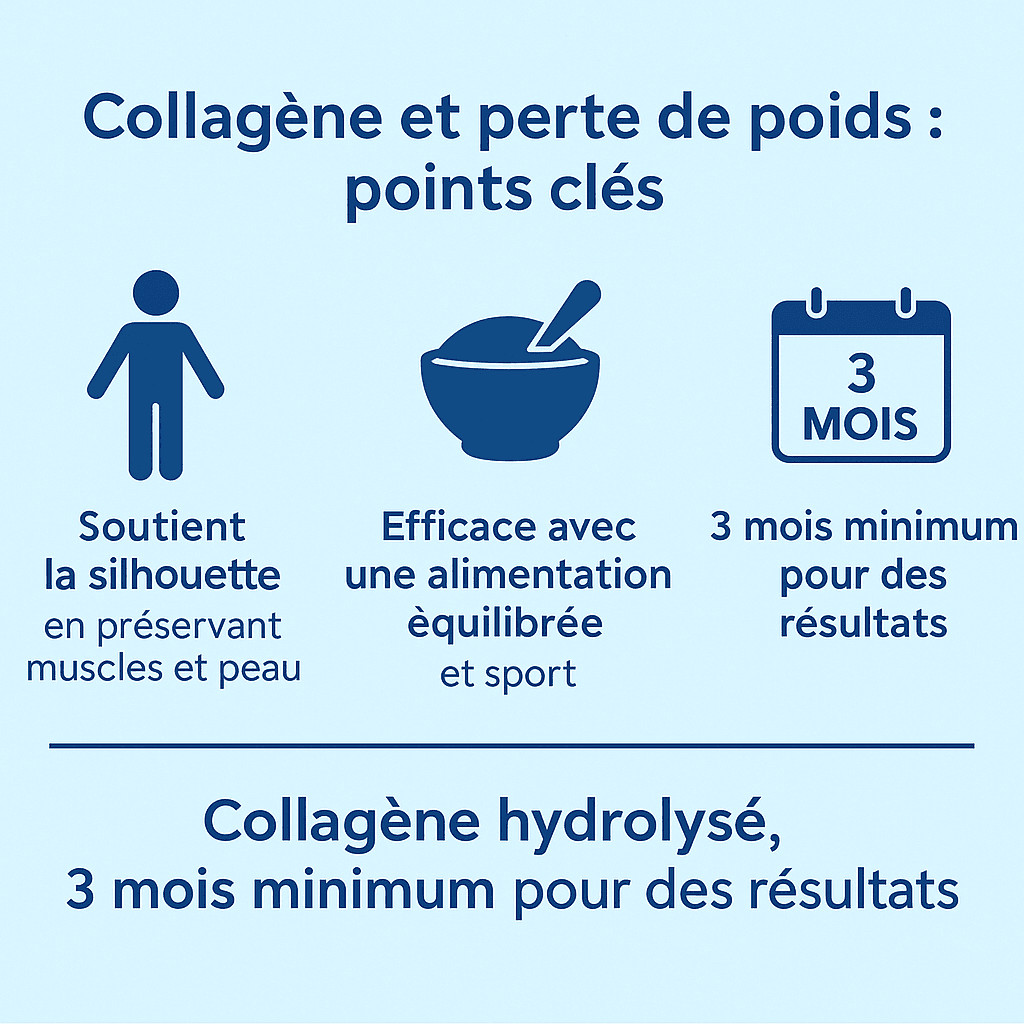Infographie des points clés sur le collagène et la perte de poids : soutien silhouette, alimentation équilibrée, cure de 3 mois