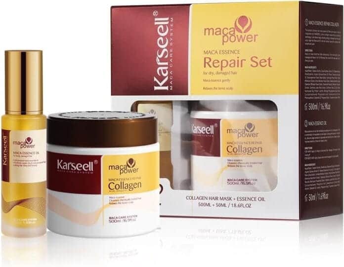 Ensemble Karseell Collagen Maca Essence comprenant huile capillaire, masque et coffret.