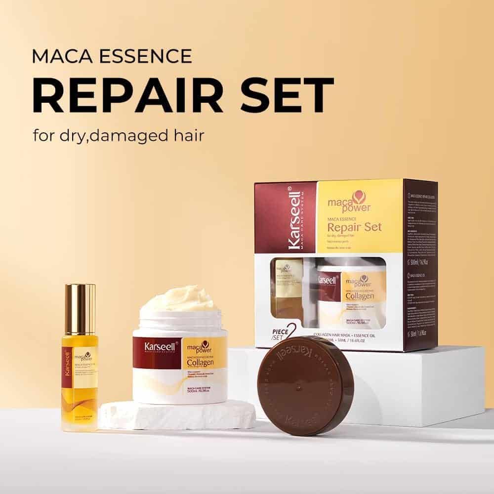 Coffret Karseell Collagen Maca Essence Repair Set avec huile et masque pour cheveux secs et abîmés.