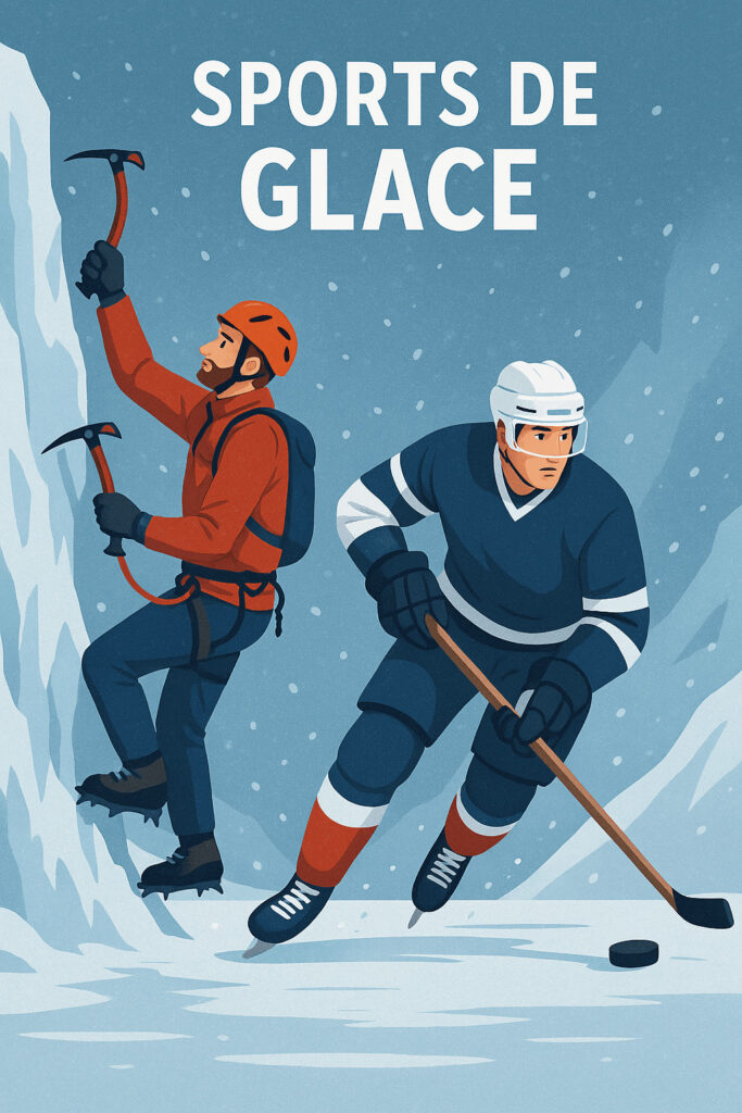Illustration représentant deux sports de glace : un grimpeur en ice climbing escaladant une paroi gelée et un joueur d’ice hockey en action sur la glace, avec un décor hivernal enneigé.
