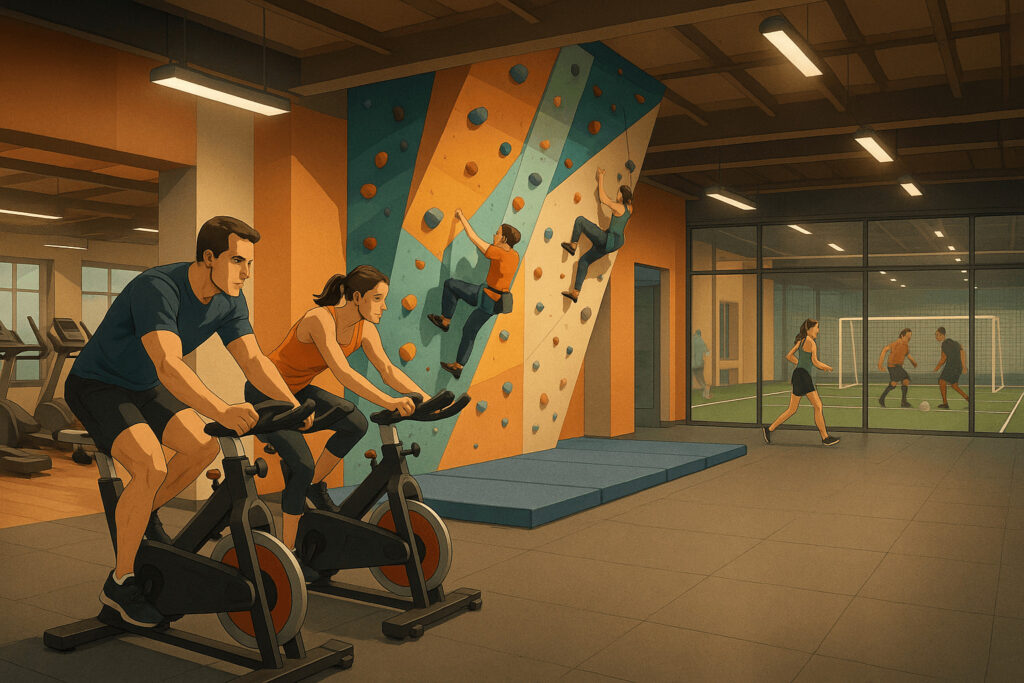 Illustration d’une salle de sport moderne montrant plusieurs sports indoor : deux personnes en indoor cycling, des grimpeurs sur un mur d’escalade intérieur et un terrain d’indoor soccer vitré en arrière-plan.
