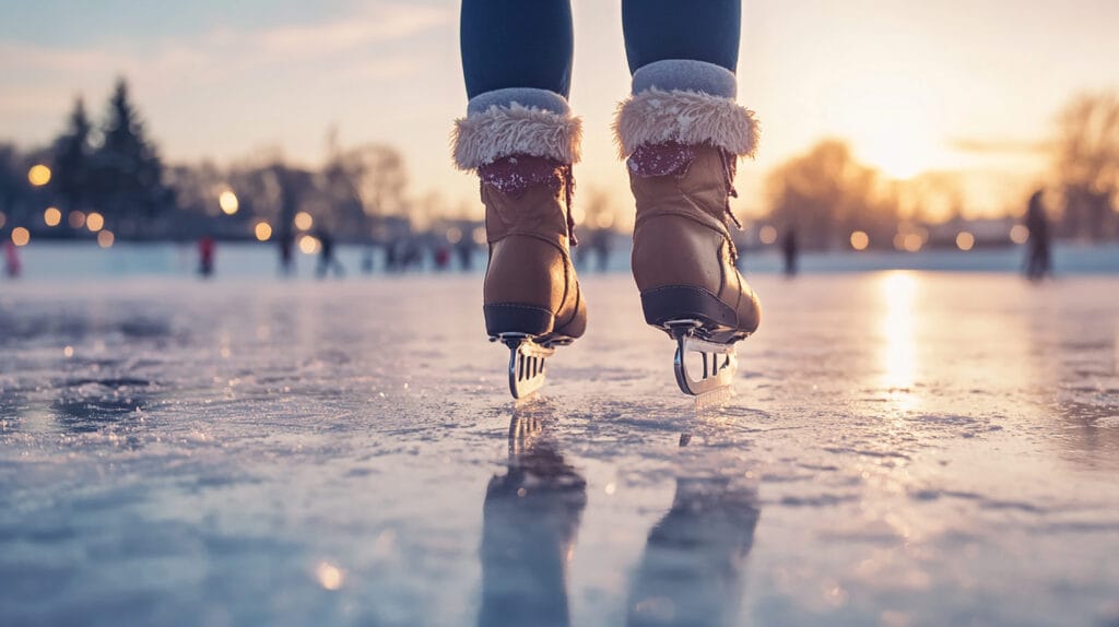 Patins glissant sur lac gelé représentant le patinage artistique, sport en P emblématique des sports lettre p