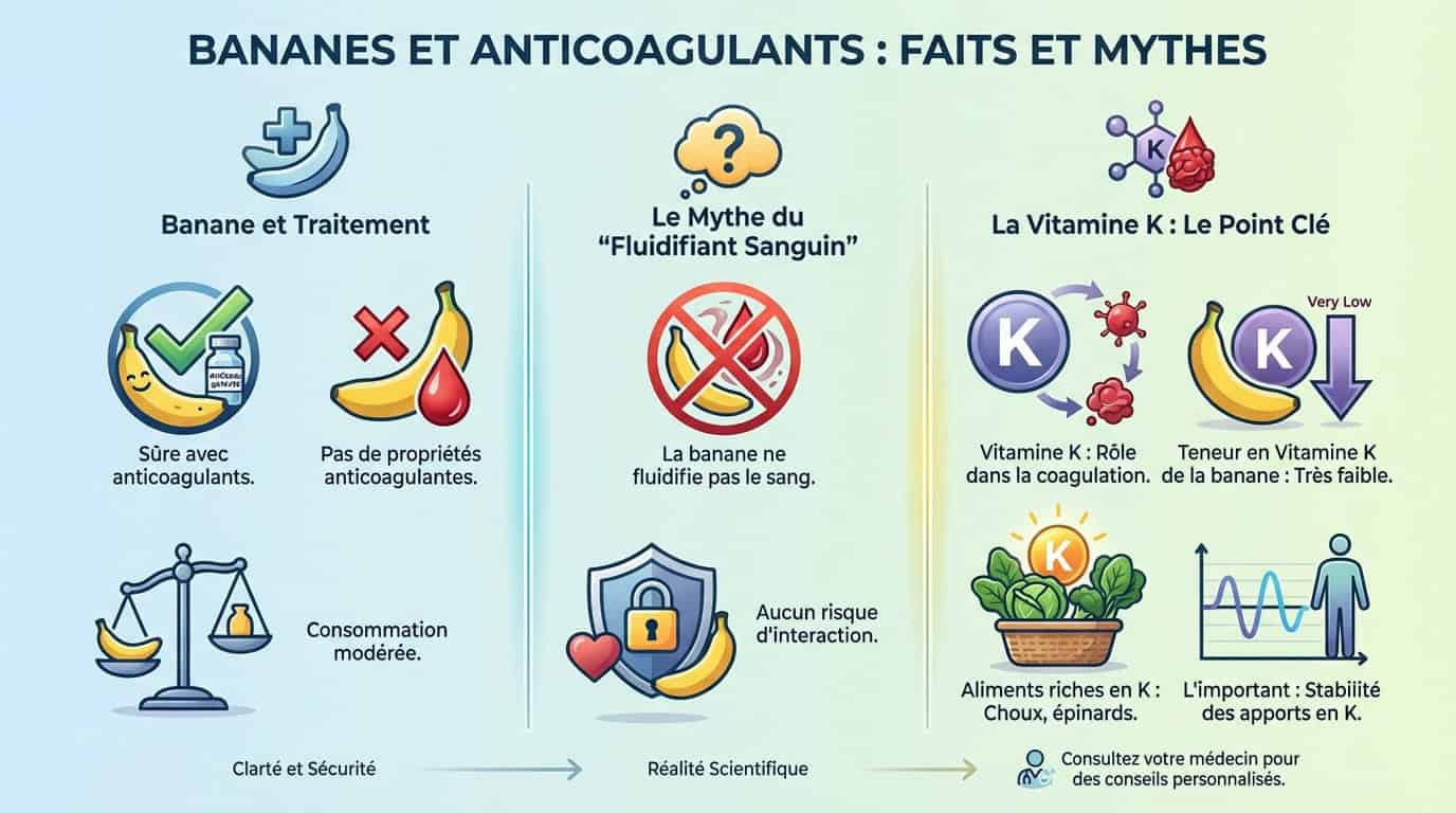 Comparaison visuelle rassurante entre une banane et des médicaments anticoagulants