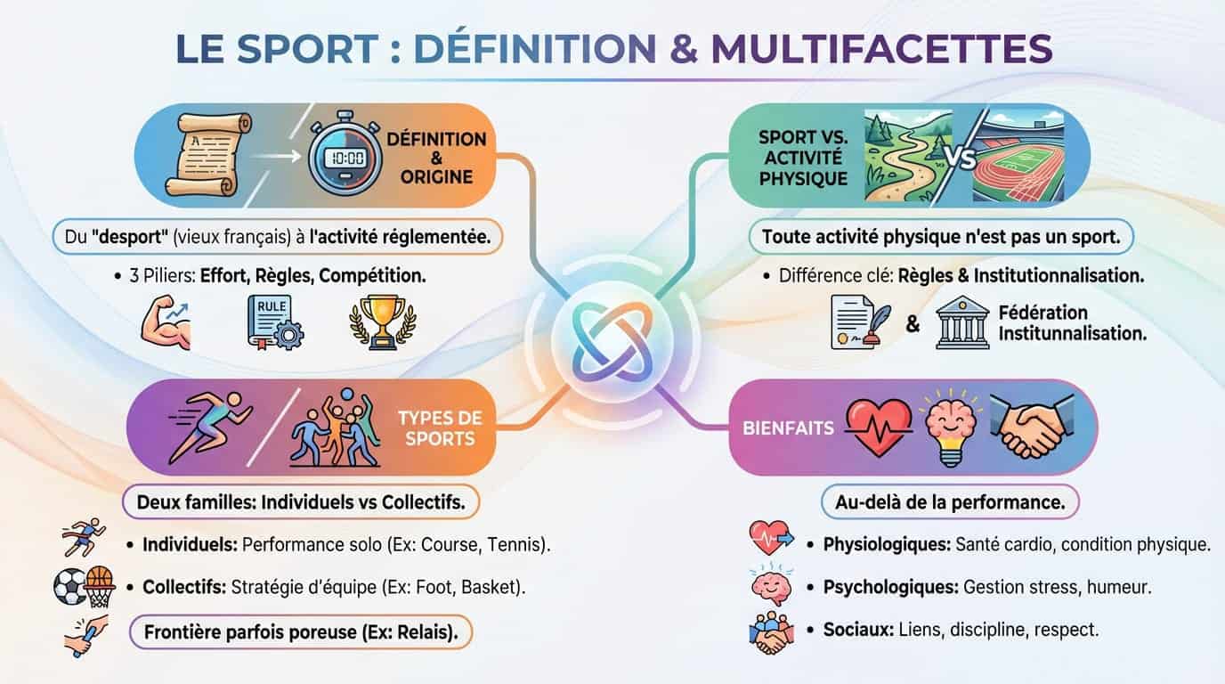 Illustration symbolisant les multiples facettes du sport : activité physique, règles et compétition