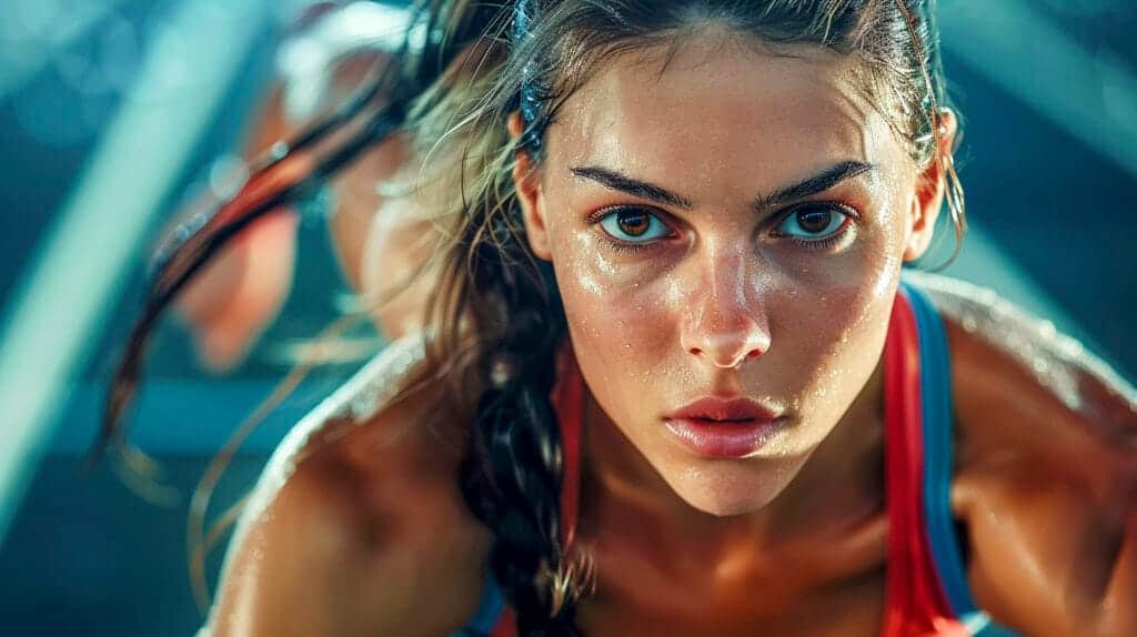 Portrait serré d’une athlète en plein effort, visage concentré et transpirant, illustrant la dimension physique et mentale des sports en I comme l’Ironman ou l’indoor cycling.
