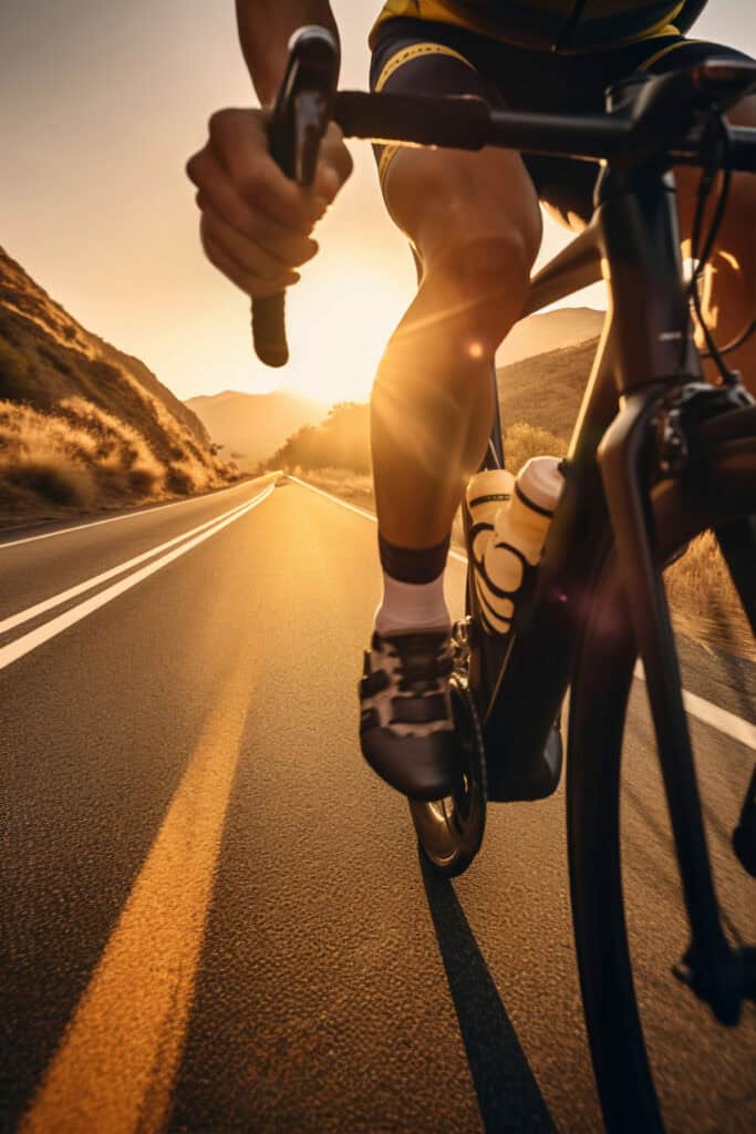 Sport commençant par V : vélo de course en entraînement sur route au coucher du soleil