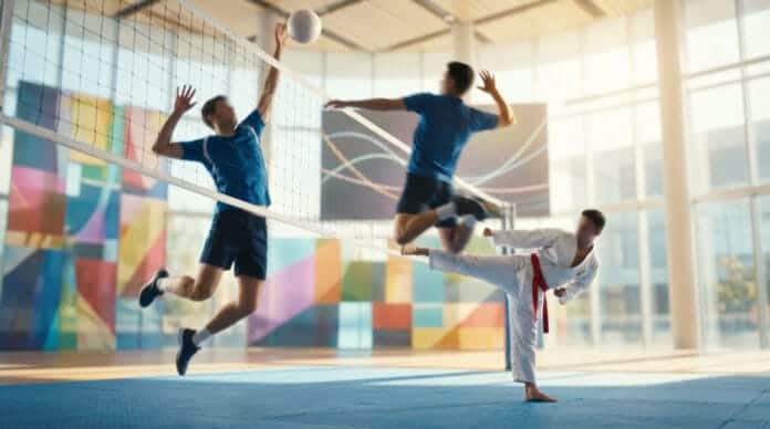 Sport en V : match de volley-ball et démonstration de Vovinam en salle, avec sauts et coup de pied en action dynamique