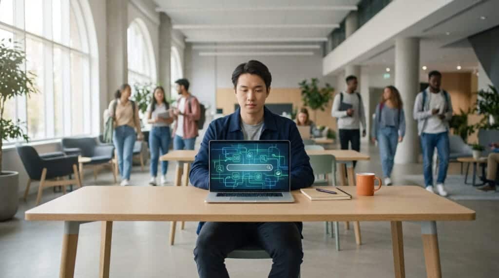 focused student at laptop in contemporary university hub