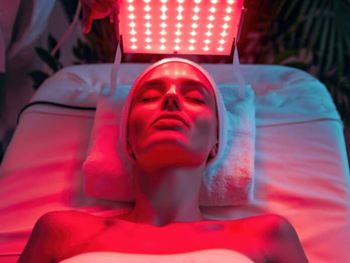 Gros plan d’une personne allongée sous un panneau LED émettant une lumière rouge pour une thérapie lumière rouge.