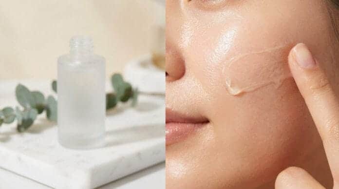 Application d’un sérum cosmétique sur la peau du visage, associé à un flacon de soin issu d’un kit fil de soie collagène professionnel